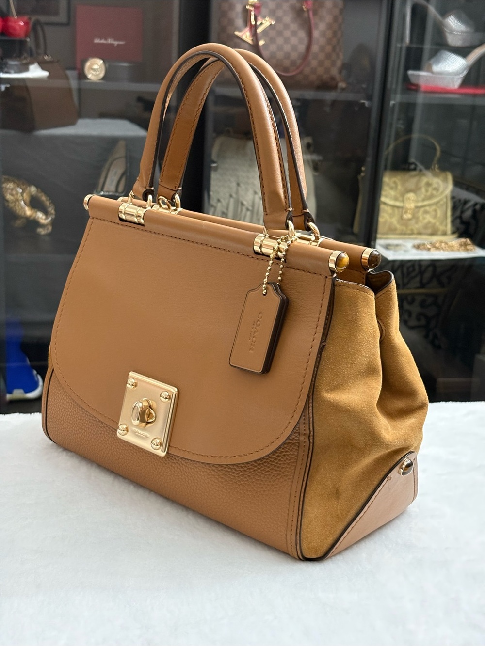 COACH DRIFTER LEATHER & SUEDE SATCHEL HANDBAG- Saddle & Camel- Turn Lock - Picture 3 of 16